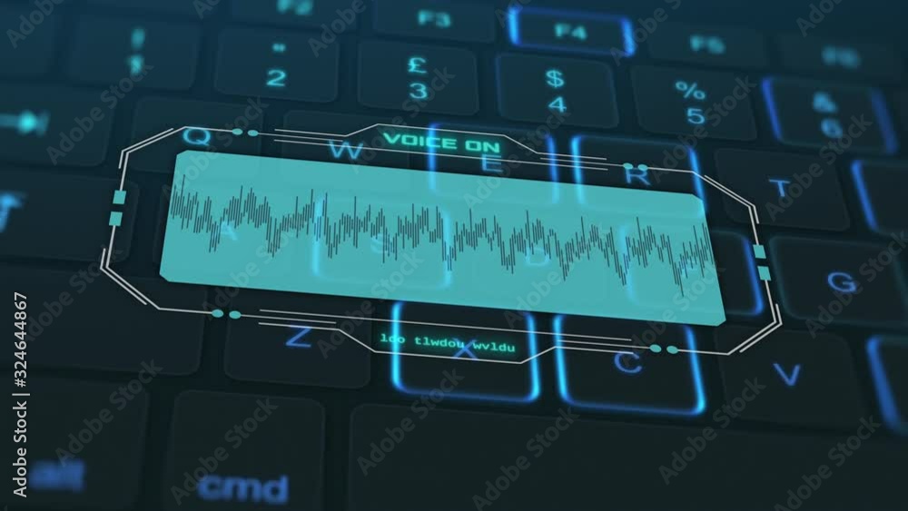 Poster close-up of a computer keyboard controlled by voice, futuristic hud design (3d render)