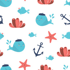 Cute underwater seamless pattern Sea animals whale, fish, anchor coral. Cute nautical background vector