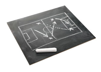 Soccer or football plan and chalk on blackboard with tactics strategy, isolated on white, side view