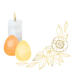 Easter composition with burning candles and two painted eggs and floral ornament. Arrangement for cards, invitations, congratulations on white background