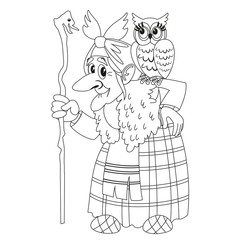 Character of Russian folk tale Baba Yaga. Funny old witch with a staff and an owl. Coloring book