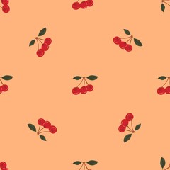 Seamless pattern with ripe berries of a cherry on a beige and pink background. Colorful illustration. Suitable as packaging, print, fabric, paper