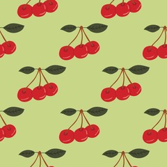 Seamless pattern with ripe berries of a cherry on a light green background. Colorful illustration. Suitable as packaging, print, fabric, paper