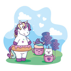 cute unicorn in landscape with cups of fantasy vector illustration design