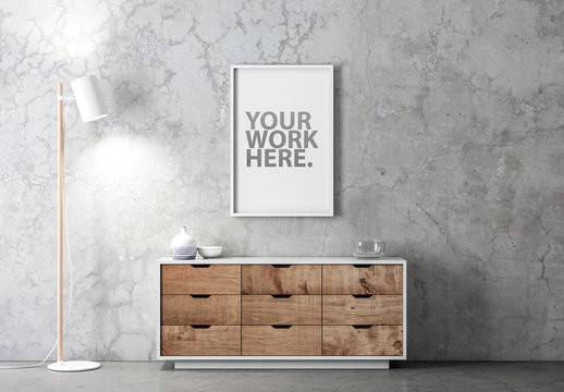 Vertical White Frame Poster Mockup on Concrete Wall