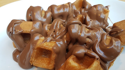 waffle chocolated hot  liquid on the plate