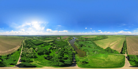 360-degree panoramic aerial view from drone to River and fields