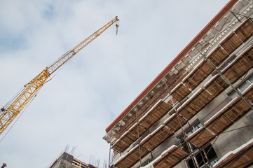 Naklejka premium Industrial background. Arrow crane and part of the building in the scaffolding