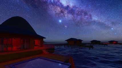 Bungalow resort on island, French Polynesia 3d rendering - 324648274