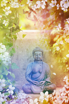 Buddha garden statue with vines
