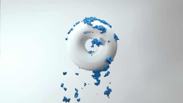 Abstract 3D geometry torus with dropping blue granules on surface. 4kK render animation.