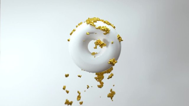 Abstract 3D geometry torus with dropping golden granules on surface. 4kK render animation.