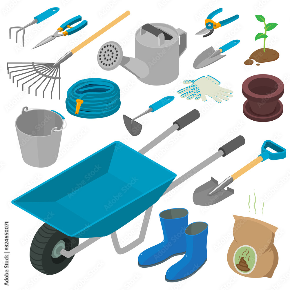 Poster gardening tools icons set. isometric set of gardening tools vector icons for web design isolated on 