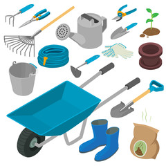 Gardening tools icons set. Isometric set of gardening tools vector icons for web design isolated on white background