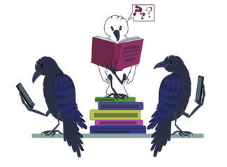 Stock vector illustration. Three crows are drawn, two black crows holding a telephone in their paws, and one white crow, she sits on books and reads a book