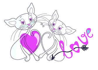 Vector illustration. Two white cats in the style of a cartoon, a pink heart is drawn next to them and an arrow flies into it, next to it is written love