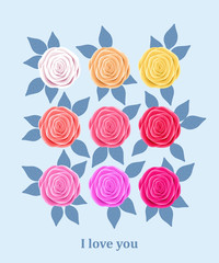 Set of multicolor  roses. Valentine's day greeting card. vector illustration