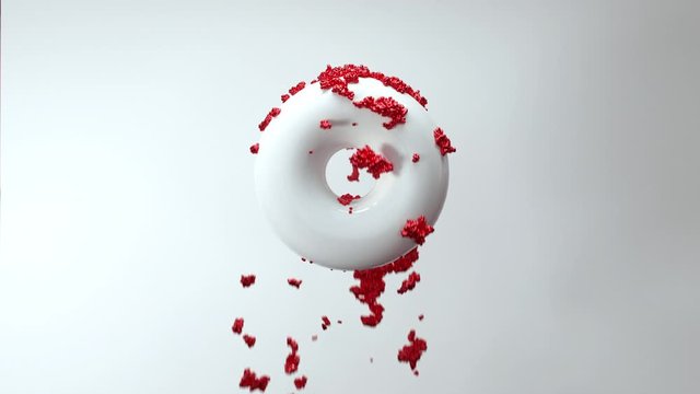 Abstract 3D geometry torus with dropping red granules on surface. 4kK render animation.