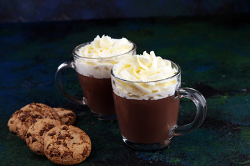 hot chocolate with cocoa and chocolate chip cookies and whipped cream