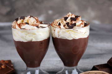 hot chocolate with cocoa and chocolate chip cookies and whipped cream