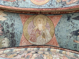 Fototapeta na wymiar Ancient frescoes of the Kirillo-Belozersky monastery. Painting of the Holy gate, 1585 year. Russia, Vologda region, city of Kirillov