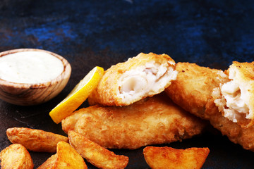 traditional British fish and chips consisting of fried fish, potato chips and mayonnaise