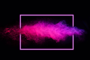 Abstract color splash with neon frame for wallpaper design. Colorful dust explode. Paint splash on...