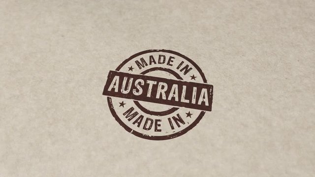 Made in Australia stamp and hand stamping impact animation. Factory, manufacturing and production country 3D rendered concept.