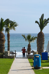 The path to the sea. Palm trees, sun loungers and umbrellas. A man photographs the sea. Waiting for...