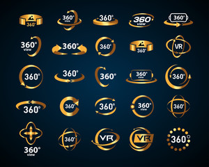 Gold 360 Degrees View Vector Icons set on black background. Virtual reality icons. Isolated vector illustrations. Golden Color version.