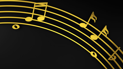 Gold music notes on black background 3d render illustation