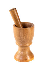Wooden mortar pounder and pestle isolated on white