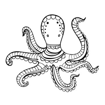 Hand drawn octopus coloring vector illustration for children and adults. Design for wallpapers, postcards and posters. Black and white. Underwater world.