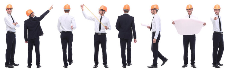 panoramic photo collage of qualified architect isolated on white