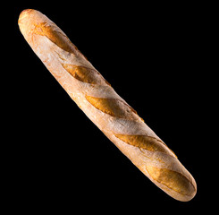 French baguette isolated on a black background with clipping path.