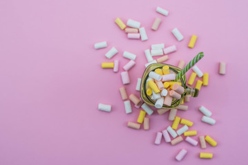 White marshmallows in a glass. Party concept. Copy space