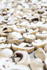 Sliced mushrooms laid out to dry. Close-up photo.