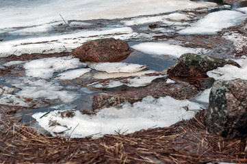 Spring lake with stone shores, melting ice near the shore on a cloudy spring day.
