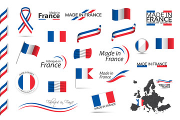 Big set of French ribbons, symbols, icons and flags isolated on a white background, Made in France, Welcome to France, premium quality, French tricolor, set for your infographics and templates