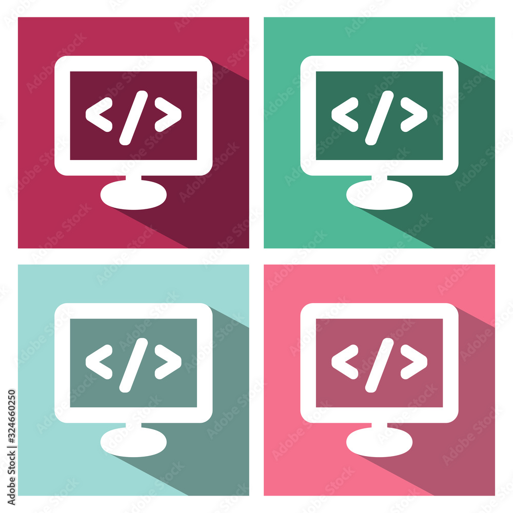 Poster colours icons of code window on monitor . long shadow buttons