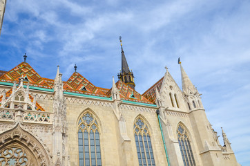 Colored tile roof of the famous Matthias Church in Budapest, Hungary. Roman Catholic church built...