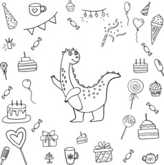 Hand drawn doodle cartoon objects and symbols on the birthday party with dinosaur. Hand drawn illustration. Simple hand drawn elements in sketch style. 