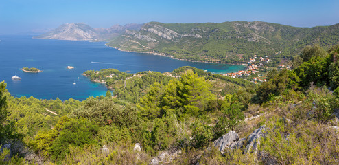 Fototapeta na wymiar Croatia - The panoramatic landscape and the coast of Peliesac peninsula near Zuliana from Sveti Ivan peak.