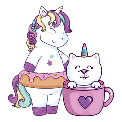 cute unicorn with cat unicorn in cup vector illustration design