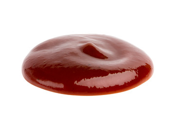 Drop of barbecue sauce or ketchup isolated on white background, top view, close up.
