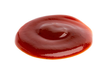 Drop of barbecue sauce or ketchup isolated on white background, top view, close up.
