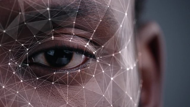 Human Half Face for Facial Recognition. African American Man Brown Eye Biometrical Iris Reading with Animated Dots and Lines. Augmented Reality. Futuristic Face ID. Science and Technology.