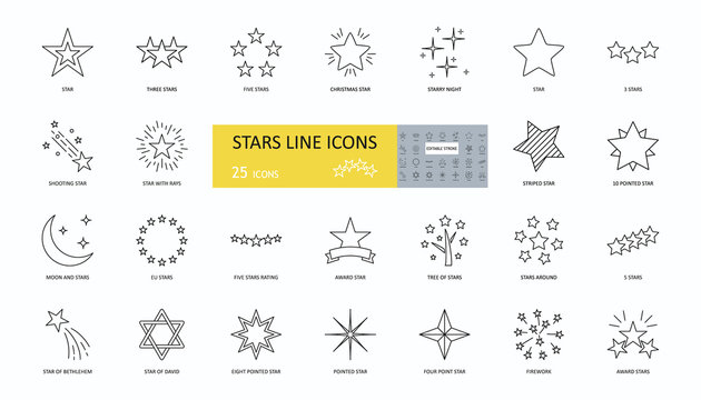 Set of 25 vector star icons with editable stroke. Linear stars are single, three, five. Christmas, Bethlehem, David, EU, fireworks, falling, with rays, striped, starry night, pointed.