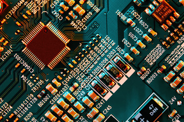 Electronic circuit board close up.