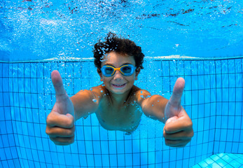 Underwater Young Boy Fun in the Swimming Pool with Goggles. Summer Vacation Fun.